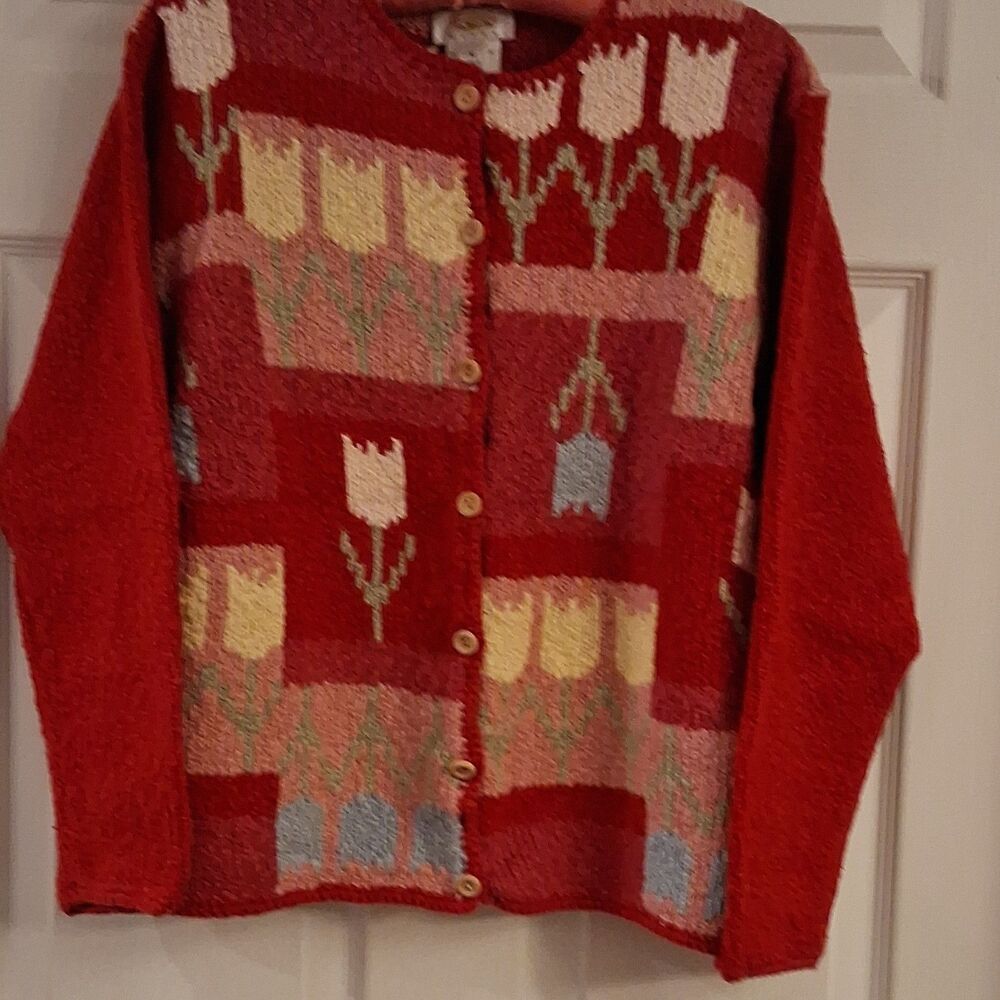 Talbots Petites Hand Knit Cardigan Sweater Floral Red Multicolor Button Front M